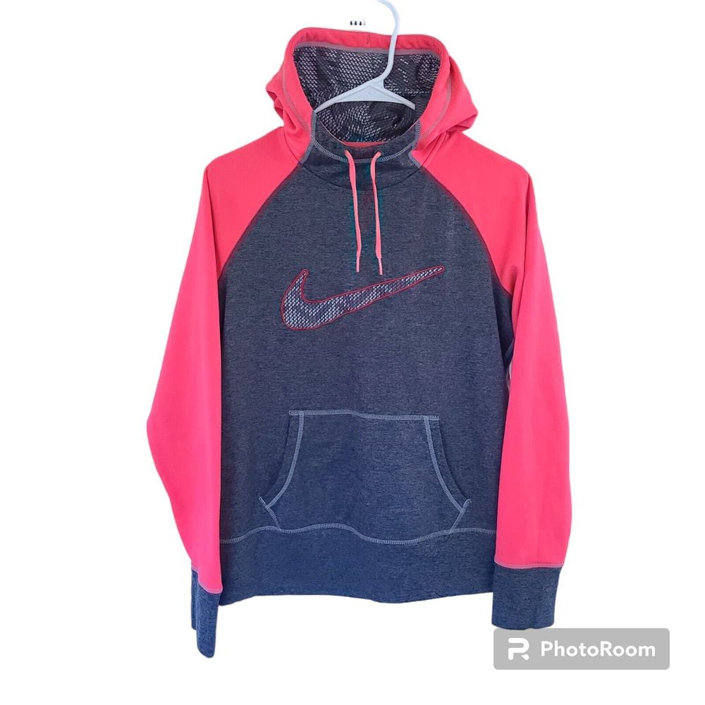 Nike Therma-Fit Grey Hot Pink Logo Fleece Lined Hoodie Sweatshirt Womens Size M